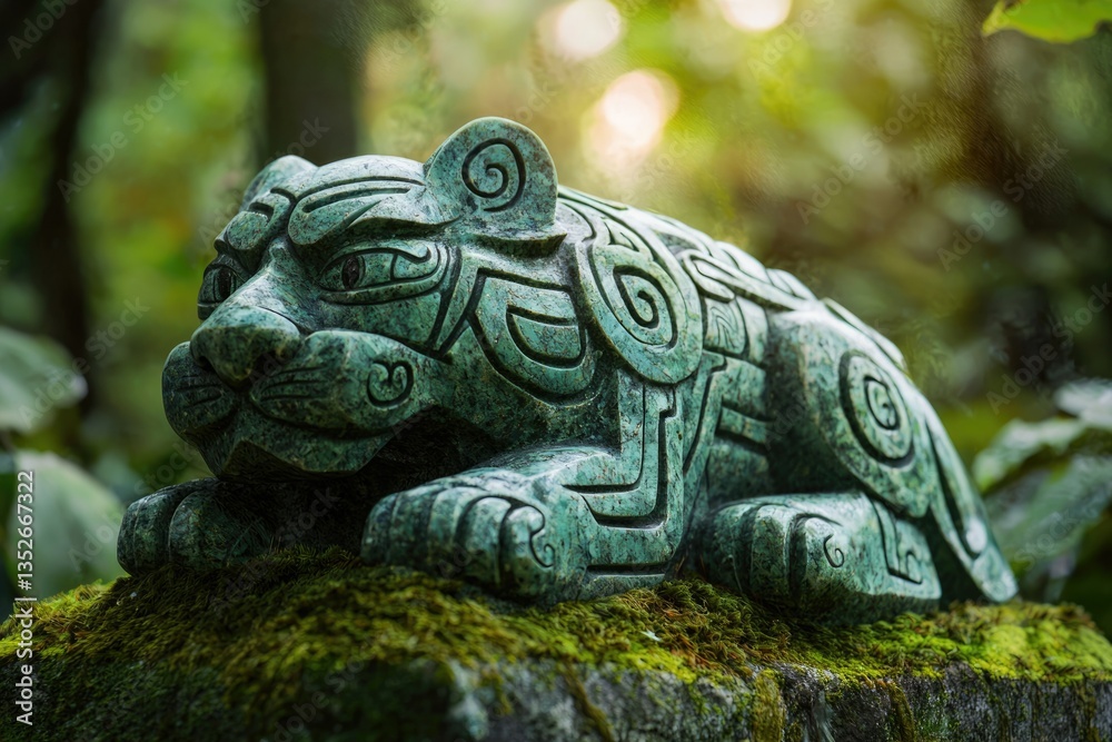 A serene green stone tiger statue rests on moss-covered rock, detailed carvings adding to its mystical ambiance. A serene green stone tiger statue rests on moss-covered rock, detailed carvings adding to its mystical ambiance.