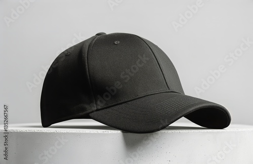 Black Cap Displayed on a Concrete Pedestal Against a Light Background in a Mo...