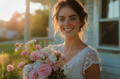Smiling Woman Holds Bouquet of Flowers in Golden Sunlight Outside a Rustic Bu...