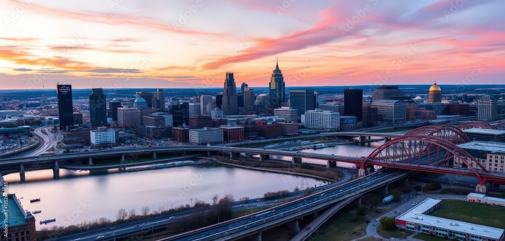 Fototapeta premium Sweeping vista of Kansas City's skyscrapers and bridges at sunset, cityscape photography, illuminated