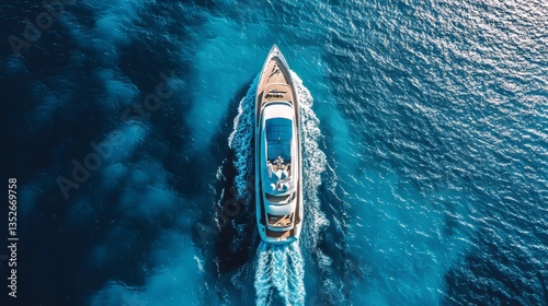 Aerial view of a luxury yacht captured in a bright turquoise water in ocean.