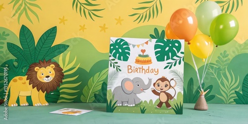 A jungle-themed birthday setup with lion, elephant, and monkey balloons, along with a playful invitation card on a vibrant green and yellow background.
