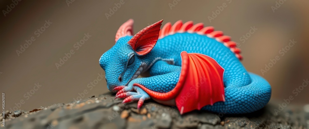 Naklejka premium Tiny blue-scaled dragon with vibrant red wings, curled up asleep, drawing, sleep
