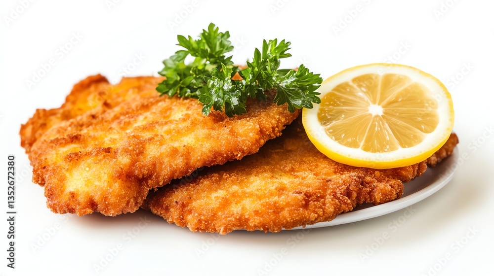 Serving of Golden Fried Schnitzel with Lemon and Parsley Garnish Serving of Golden Fried Schnitzel with Lemon and Parsley Garnish