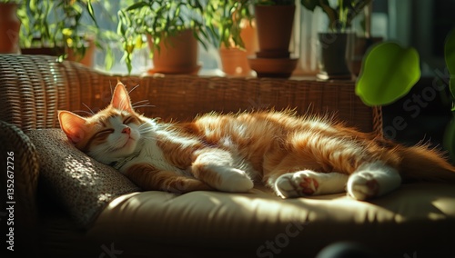 Orange and White Cat Relaxing on a Couch Surrounded by Indoor Plants in a Sun...