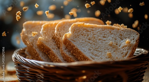 Freshly Sliced Bread in a Woven Basket With Golden Crumbs Scattered in Warm L...