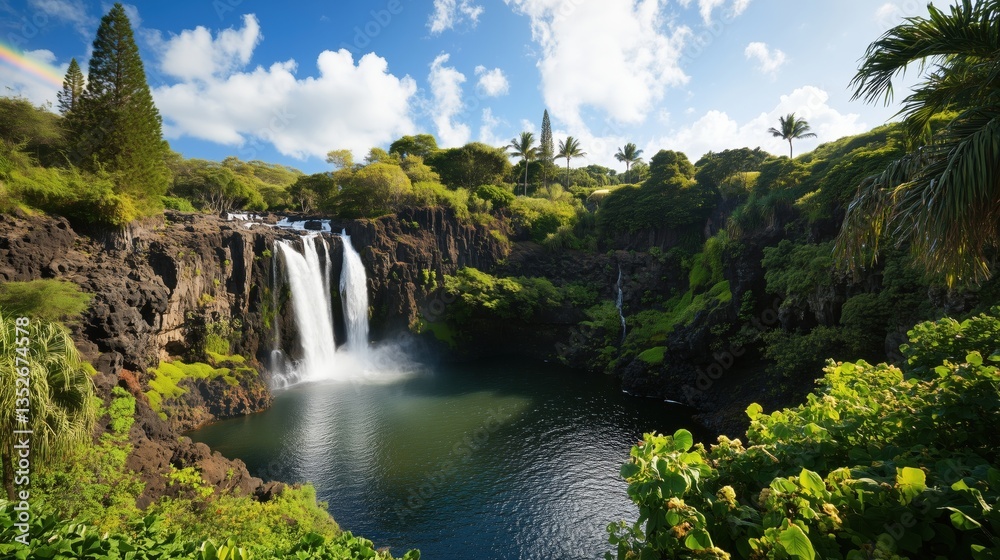 Fototapeta premium A stunning waterfall cascading into a serene pool surrounded by vibrant greenery and palm trees.