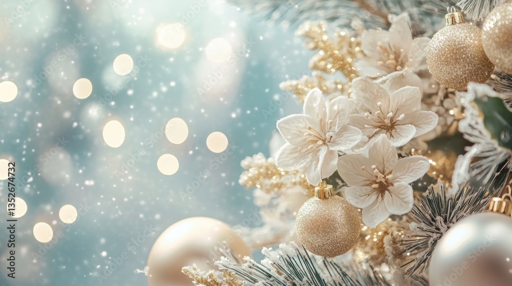 Obraz premium Elegant Christmas Decor, Close-up of Festive White Flowers and Gold Ornaments