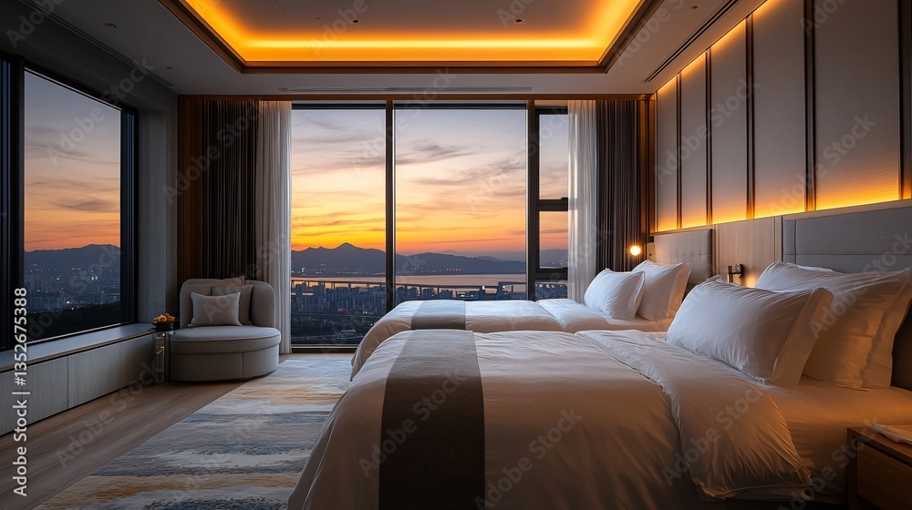 Hotel room bathed in the warm glow of a sunset, creating a peaceful and relaxing atmosphere. The room is illuminated by the soft orange and pink hues of the setting sun, offering a serene and tranquil
