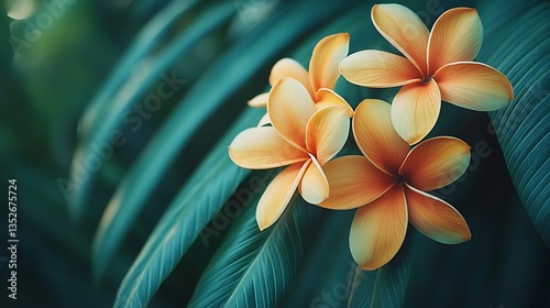 Tranquil Tropical Flowers Teal Green Leaves Nature Photography