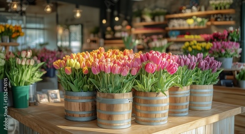 Colorful Tulips Arranged in Wooden Barrels Inside a Vibrant Flower Shop in Sp...