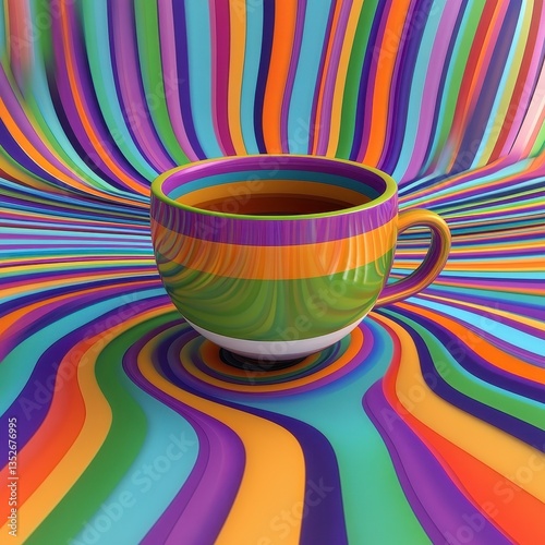 A colorful striped coffee cup sitting on a vibrant wavy surface
