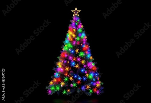 Vibrant rainbow Christmas tree against a stark black backdrop, modern, art