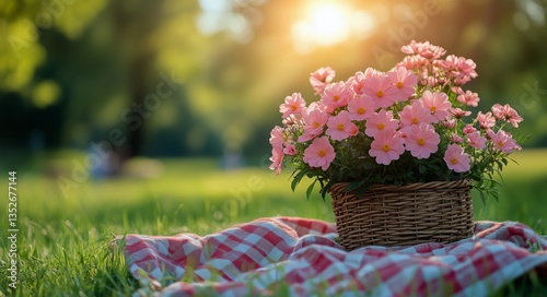 Vibrant Flowers in a Basket on a Checkered Blanket During a Sunny Afternoon i...
