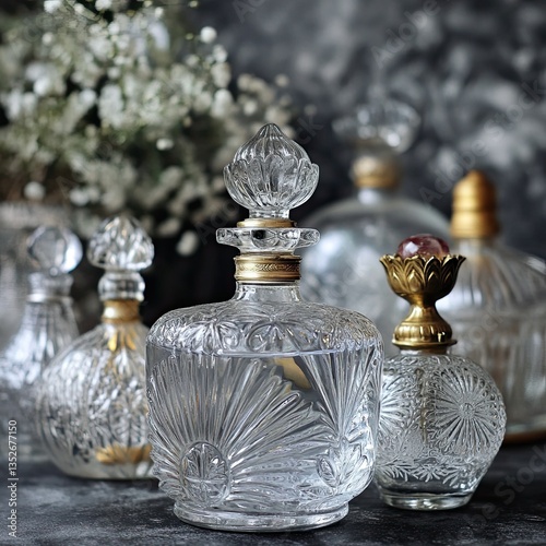 Vintage secondhand market items featuring elegant glass perfume bottles with ornate stoppers, ideal for home decor or gifts. 