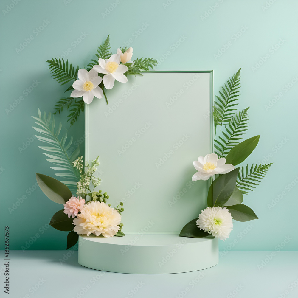 A soft pastel green display podium with a floral arrangement and leaves, perfect for spring beauty product mockups. A soft pastel green display podium with a floral arrangement and leaves, perfect for spring beauty product mockups.
