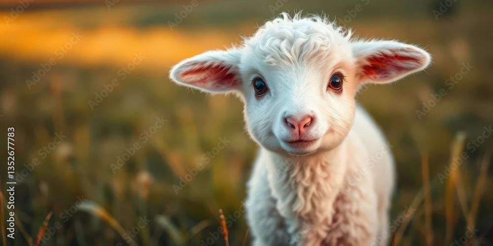 Fototapeta premium A fluffy lamb with large, innocent eyes, standing in a field, mammal, young