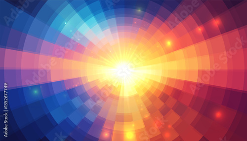 Abstract Mosaic Background with Radiant Light Burst in Blue and Red Tones