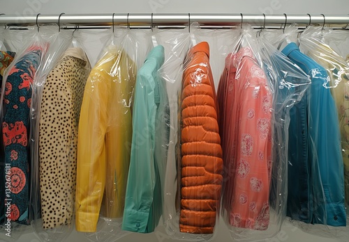 Colorful Shirts and Jackets Hanging in Protective Coverings at a Retail Store...