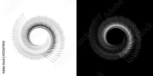 Dynamic abstract spiral sound wave rhythm lines. Circular spiral sound wave rhythm of lines. Circular futuristic abstract lines, black and white background.	