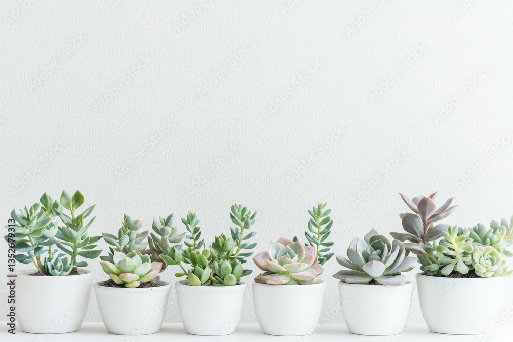 A row of succulents in white pots against a white wall, a minimalist home decor. A row of succulents in white pots against a white wall, a minimalist home decor.