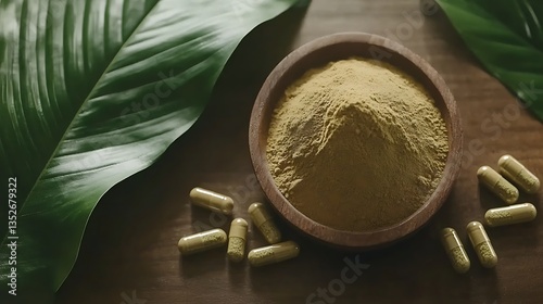 Herbal supplement powder in bowl with capsules and leaves photo