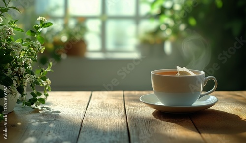 Warm Cup of Coffee Rests on Wooden Table Surrounded by Lush Greenery in a Tra...