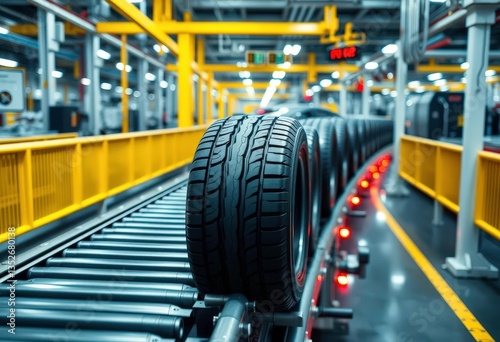 Automated tire production line, conveyor belt system, modern factory, automated, factory