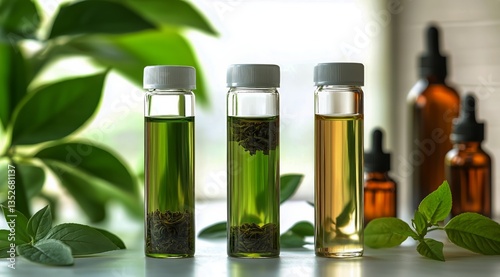 Green Herbal Extracts in Glass Containers With Fresh Leaves Arranged on a Whi...