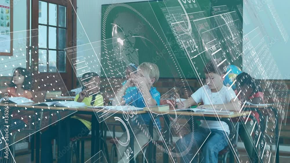 In school, children interacting with animation of futuristic digital educational interface