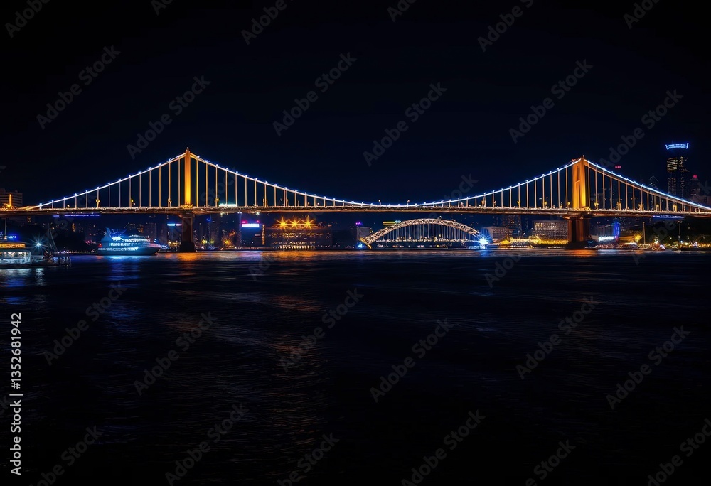 Obraz premium City harbor bridge illuminated at night, reflecting lights in dark water, night, illumination