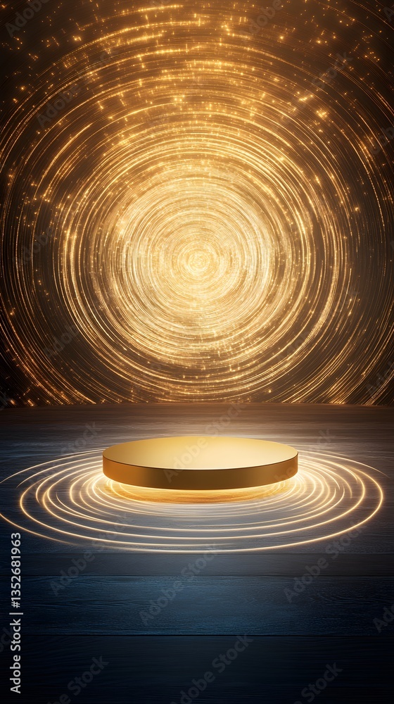 Obraz premium A golden floating podium, surrounded by swirling light rings in a high-tech environment
