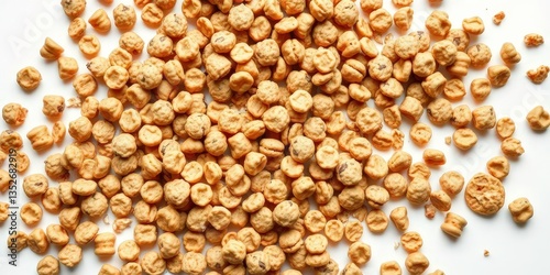 A haphazard pile of oatmeal cookies resembling cereal, unevenly distributed on a white background,  top view, delicious