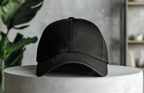 Black Cap Displayed on a Concrete Pedestal Against a Light Background in a Mo...