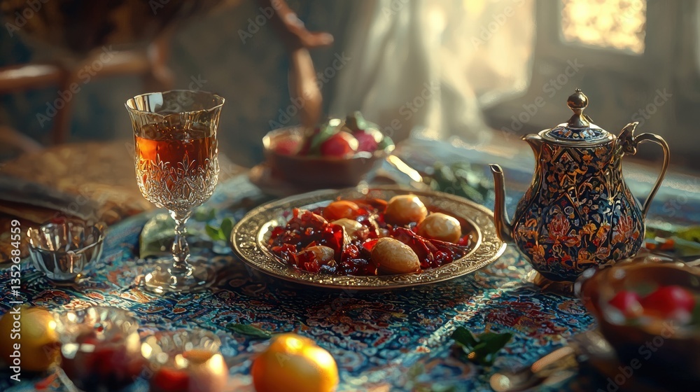 a table set for a traditional Ramadan meal a table set for a traditional Ramadan meal