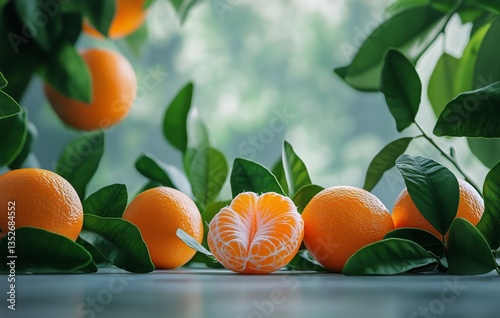 Fresh Oranges and Mandarins Surrounded by Green Leaves Arranged on a Surface