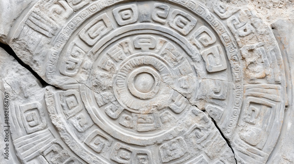 Obraz premium Ancient Stone Carving with Circular Geometric Pattern, Close-Up, History and Archeology