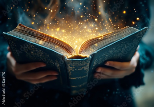 Magical Book Opening With Sparkling Light in Mystical Atmosphere