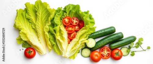 Crisp lettuce, vibrant tomatoes, and crunchy cucumbers arranged artfully on a pristine white background,  carrot, food