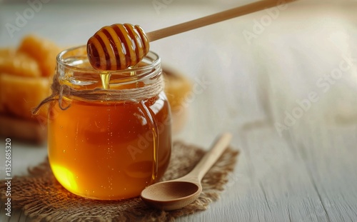 Golden Honey Dripping From a Wooden Dipper Into a Jar on a Rustic Wooden Surface