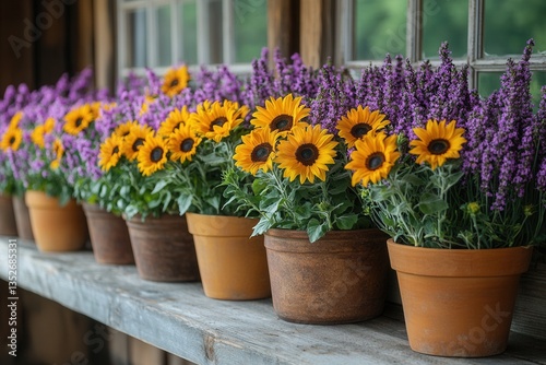 Wallpaper Mural Vibrant sunflowers and lavender in rustic pots along a wooden shelf in a garden shed Torontodigital.ca