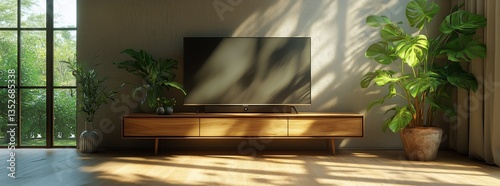 Modern Living Room With Wooden TV Stand and Plants Bathed in Natural Light