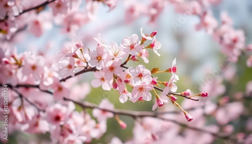 Delicate soft pink cherry blossoms on a gentle breeze, peaceful, pink flowers