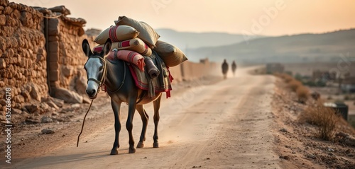 Donkey laden with supplies, traveling dusty road, Bethlehem landscape, pilgrimage,  old testament