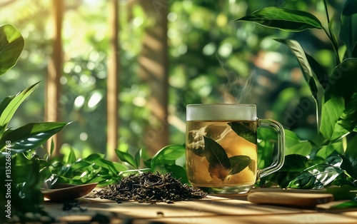 Herbal Tea Preparation in a Serene Botanical Setting With Natural Light