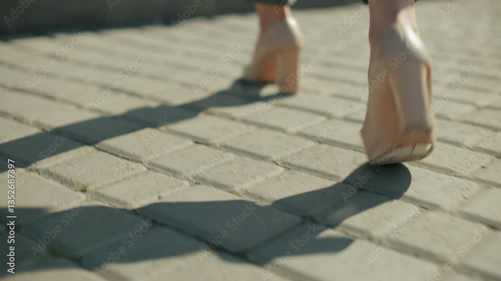 Close-up rear view of woman walking on interlocked pavement in high heels with sun casting sharp shadow on ground, focus on movement and elegance, outdoor urban setting