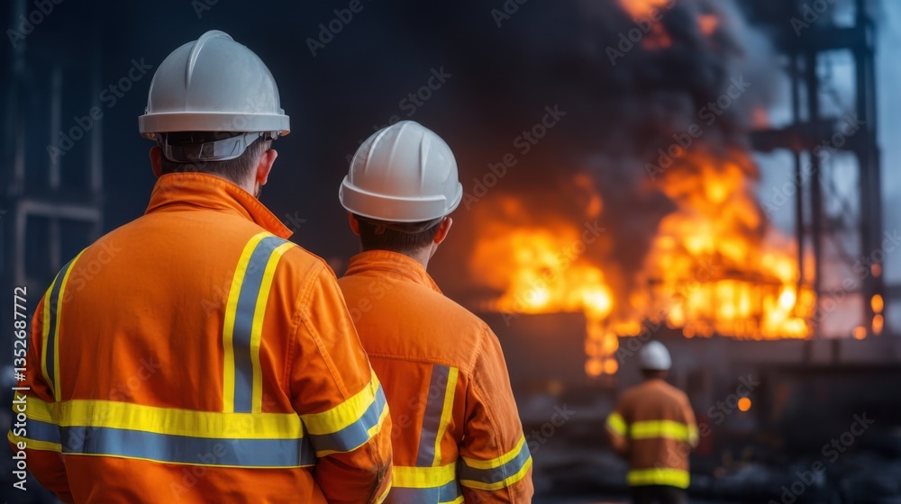 Emergency Response Team Observes Intense Fire at Construction Site during Dusk with Risk of Building Collapse Emergency Response Team Observes Intense Fire at Construction Site during Dusk with Risk of Building Collapse