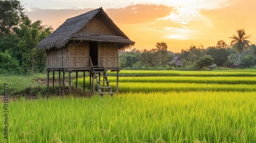 Serene Rice Fields with Traditional Bamboo House at Sunset