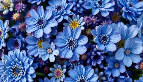 Close-up of diverse blue-toned flowers, varying textures and shapes, pastel blue, steel blue