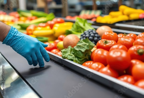Gloves inspect fresh produce on conveyor belt, food safety, produce